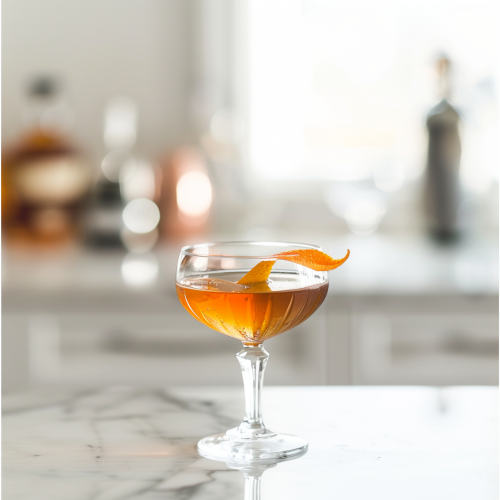 Martinez cocktail w/ orange zest twist in a coupe glass. It's thought to have been invented by cocktail bartender Jerry Thomas.