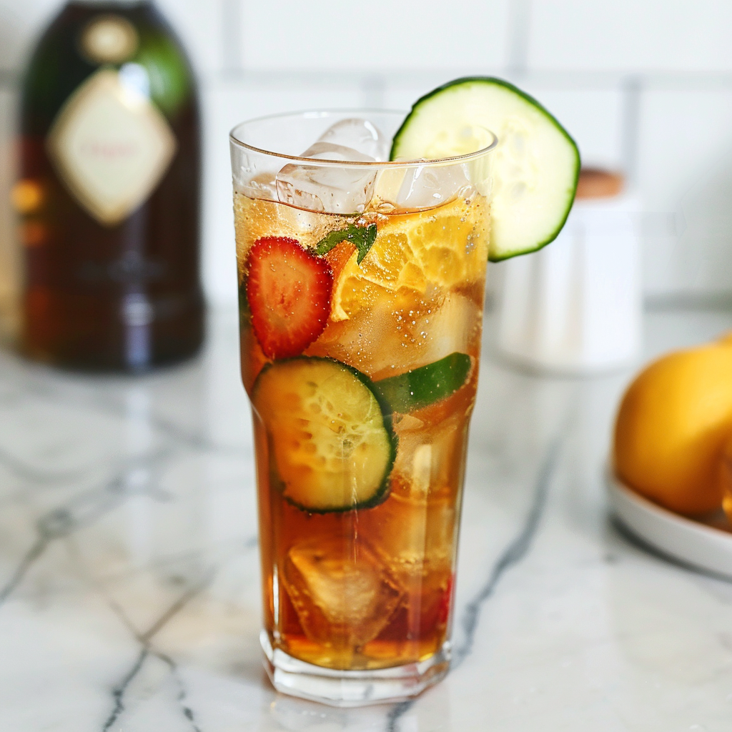 tennis partner or pimm's cup in a tall glass with cucumber slices