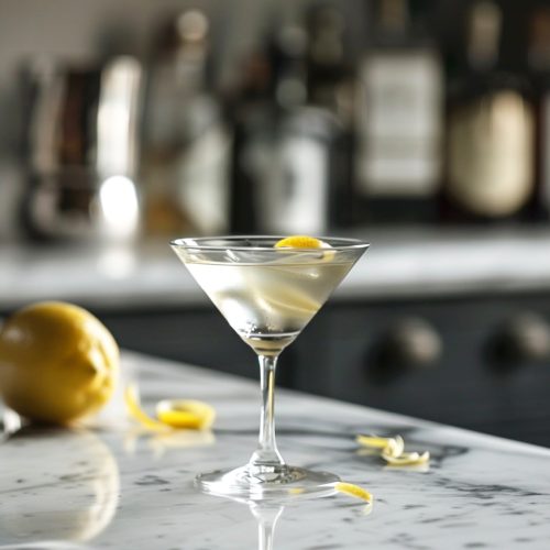 The Vesper, a cocktail for gin lovers, in a Martini glass on a kitchen counter with a whole lemon, fresh lemon zest, & alcohol bottles in the background