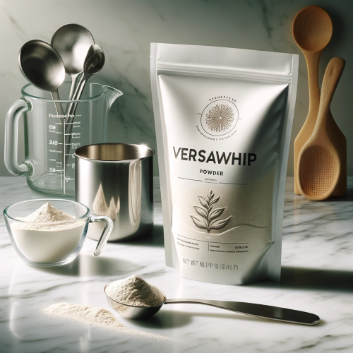 realistic food blog photograph that displays a sealed bag of Versawhip powdered egg whites on a white marble kitchen counter.