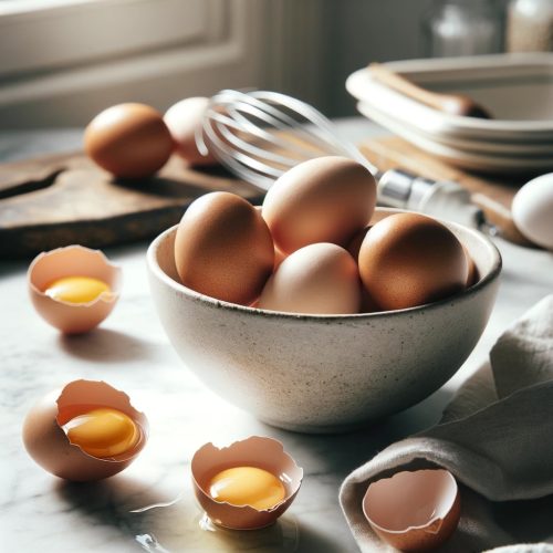 cracked eggs in a bowl on a kitchen counter