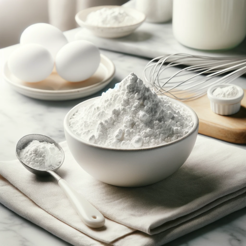 powdered egg whites in a bowl on a kitchen counter with a spoon and whisk