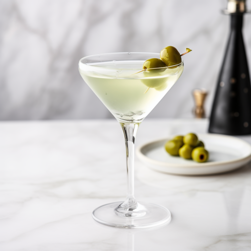 Martini with cocktail olives on a cocktail pick in a chilled coupe glass