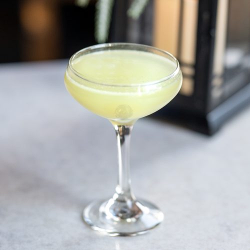 The Last Word, one of the more popular cocktails for the Prohibition era, a light green drink in a chilled glass