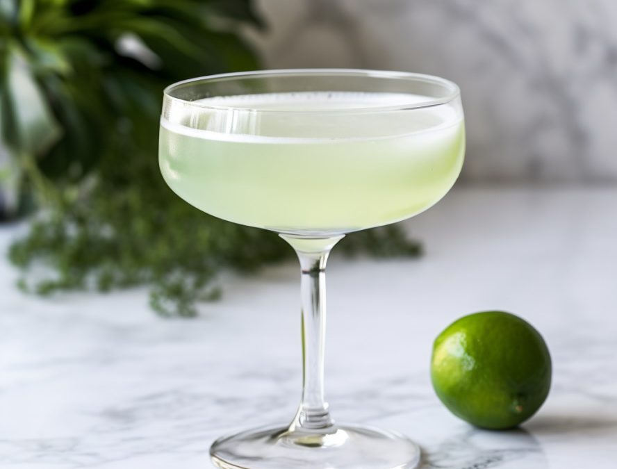 a light green, grassy drink in a coupe cocktail glass on a marble counter with a plant in the background and a lime for making a lime twist
