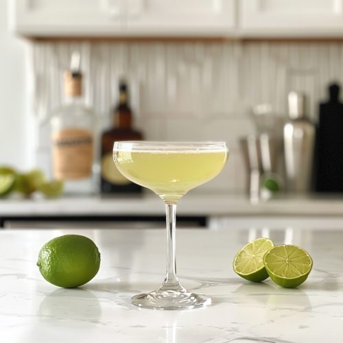 complex cocktail, light green and in a coupe glass, on a kitchen counter with limes around it