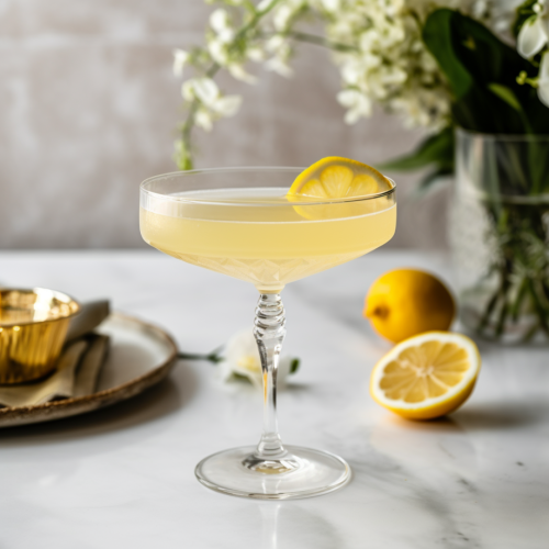 French 75 cocktail in a chilled coupe glass with a squeeze of lemon juice