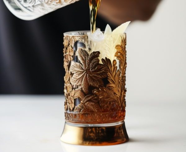 3. pouring rum into tiki glass for a tropical flavor