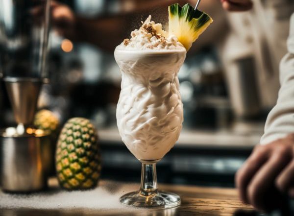 4. rum cocktail on a bar with 2 ounces cream and canned coconut milk with fresh pineapple chunks