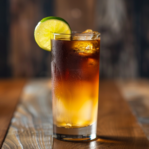 Dark 'n' stormy mixed drink with layered dark rum on top, in a highball glass with an additional lime wheel