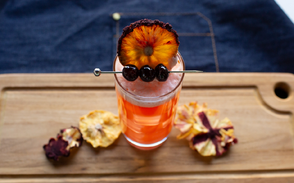 Singapore Sling with dehydrated fruit