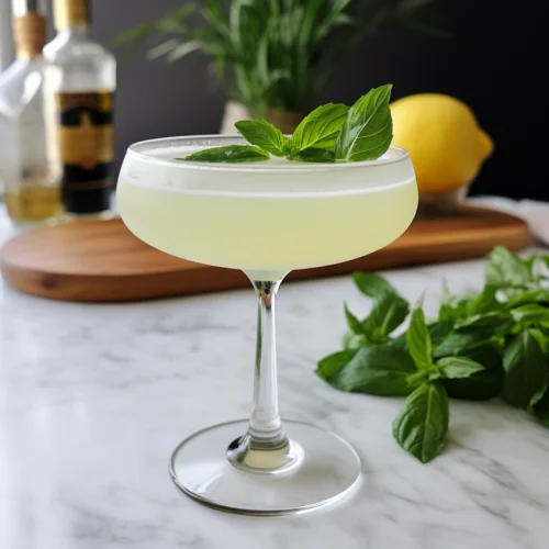 cocktail in a coupe glass with mint sprig garnish