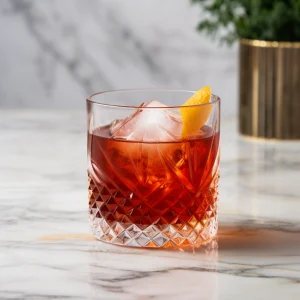 Boulevardier cocktail with an orange twist and a large format ice cube in a double rocks glass