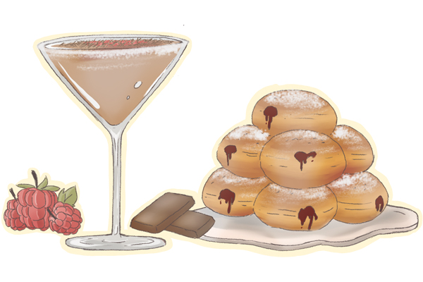 Choc gelt Martini celebratory cocktail with gelt garnish and raspberry Jewish doughnuts 
