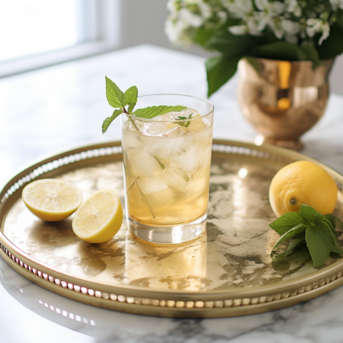 drink tray with cocktail and lemon wedges