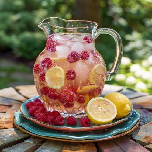 alcoholic graduation drink recipe with fresh lemons and raspberries in a glass pitcher on an outdoor table for an outdoor grad party