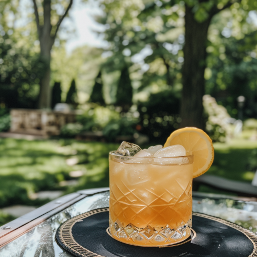 A whiskey sour without egg whites in a rocks glass with a lemon wheel, on a tray in a park with trees-- the perfect drink option for a party