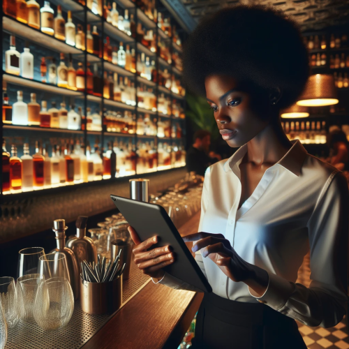 female bartender taking bar inventory and checking additional stock on an ipad in a dark bar, with vodka bottles and other alcohol behind her on shelves