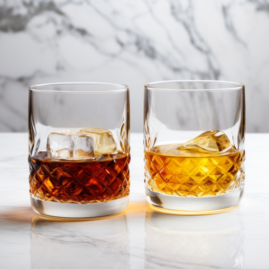 17. Brandy & bourbon in rocks glasses with ice cubes