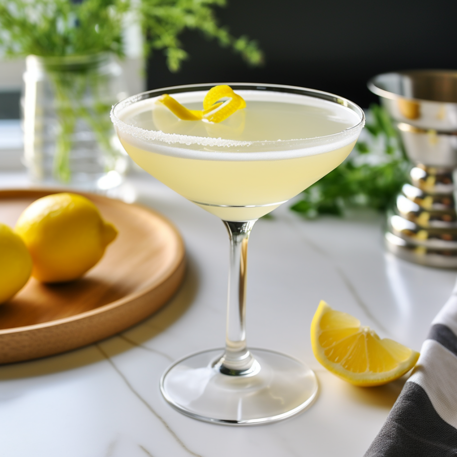 3. refreshing lemon drop in a chilled glass with lemon ribbon for a decorative touch