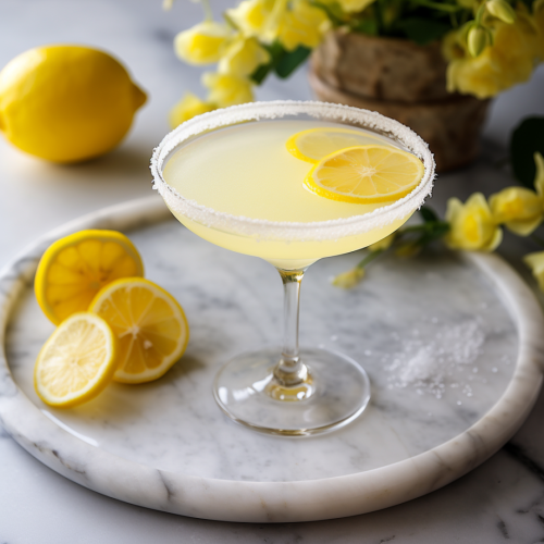 5. lemon cocktail with a lemon wedge on the side and sugar for rim with lemon slices for garnish in the drink