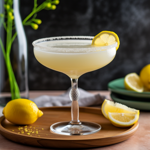 6. lemon drops cocktail with sugar rim and lemon wedges on a tray