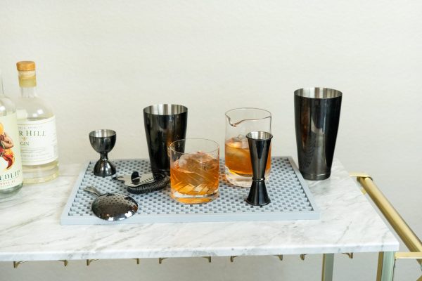 individual tools for drink mixing now available in black, including a Boston-style shaker, double jigger, and cocktail strainer