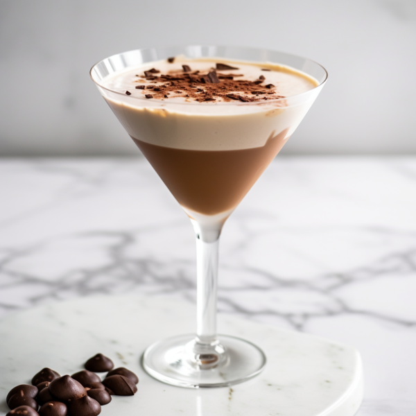 Chocolate Martini in a chilled martini glass with chocolate swirl and chocolate shavings on top