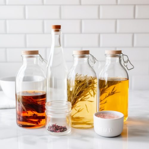 bottle of bitters, infused alcohol, and cocktail syrup, all sitting on a kitchen counter with common ingredients like salt