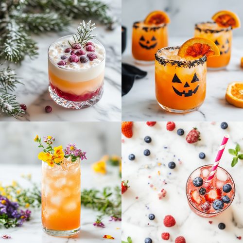 A grid of seasonal cocktails: 4th of july, christmas, spring, and Halloween